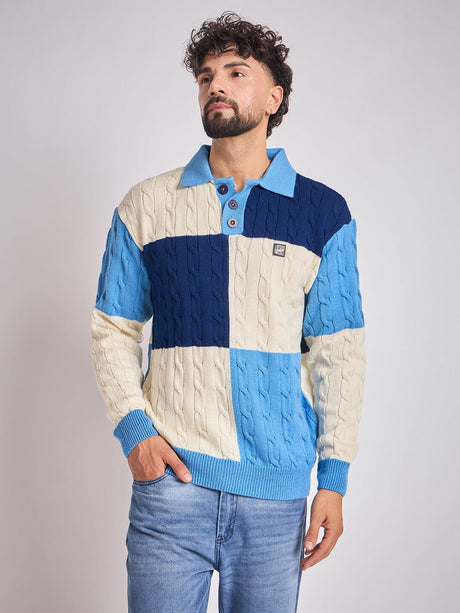 Blue Cloured Blocked Cabel Knit Sweater Sweaters Fugazee 