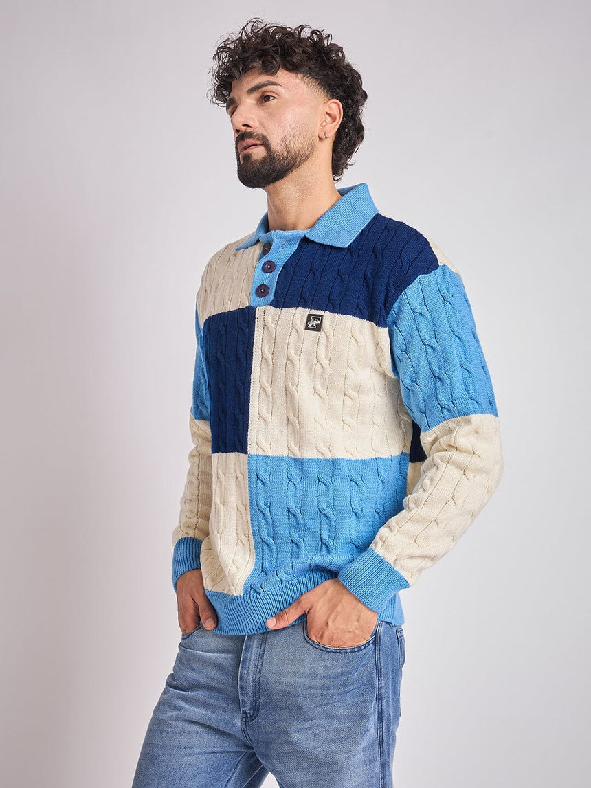 Blue Cloured Blocked Cabel Knit Sweater Sweaters Fugazee 