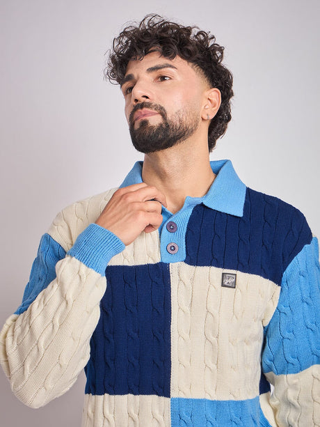 Blue Cloured Blocked Cabel Knit Sweater Sweaters Fugazee 