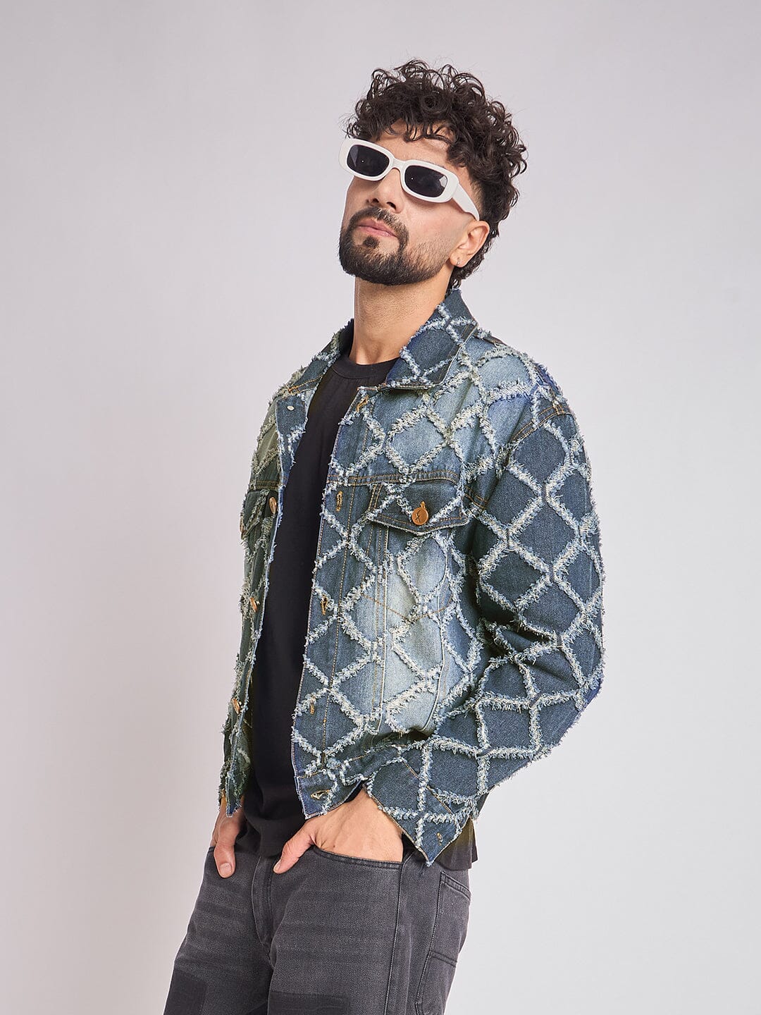 Dark Washed Damaged Patterned Denim Jacket | Buy Men Jacket