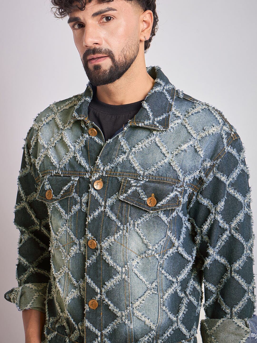 Dark Washed Damaged Patterned Denim Jacket | Buy Men Jacket