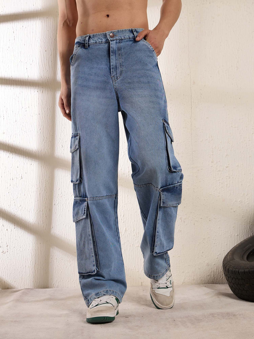 Ice Washed Baggy Cargo Denim Jeans Fugazee 