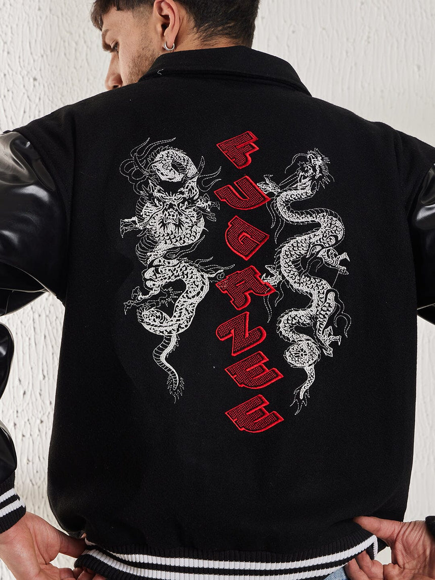 Black Dragon Embroidery Varsity Jacket Jackets Fugazee 