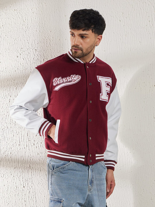 Maroon Woollen Faux Leather Sleeves Letterman Varsity Jacket Fugazee