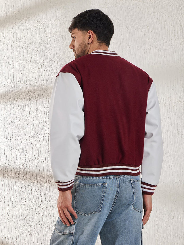 Maroon Woollen Faux Leather Sleeves Letterman Varsity Jacket Fugazee