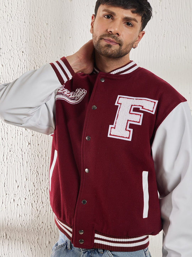 Maroon Woollen Faux Leather Sleeves Letterman Varsity Jacket Fugazee