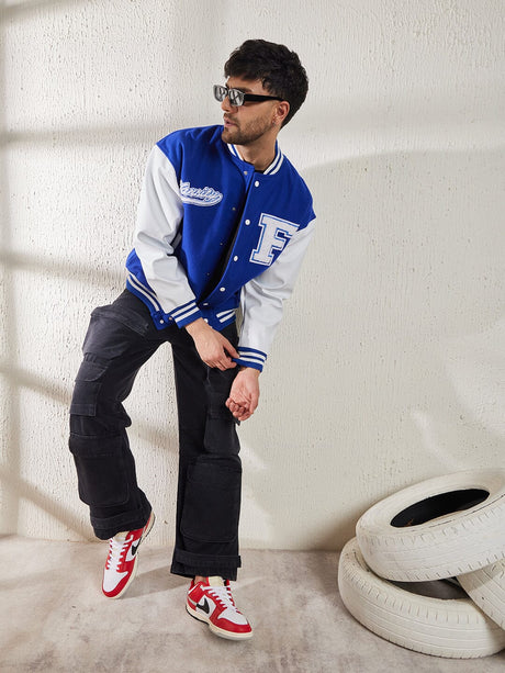 Royal Blue Fleece Faux Leather Sleeves Varsity Jacket Jackets Fugazee 