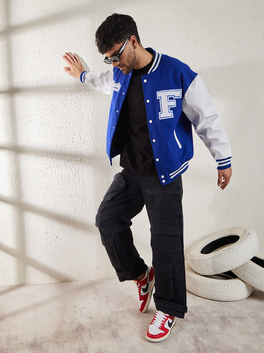 Royal Blue Woollen Faux Leather Sleeves Letterman Varsity Jacket Jackets Fugazee 