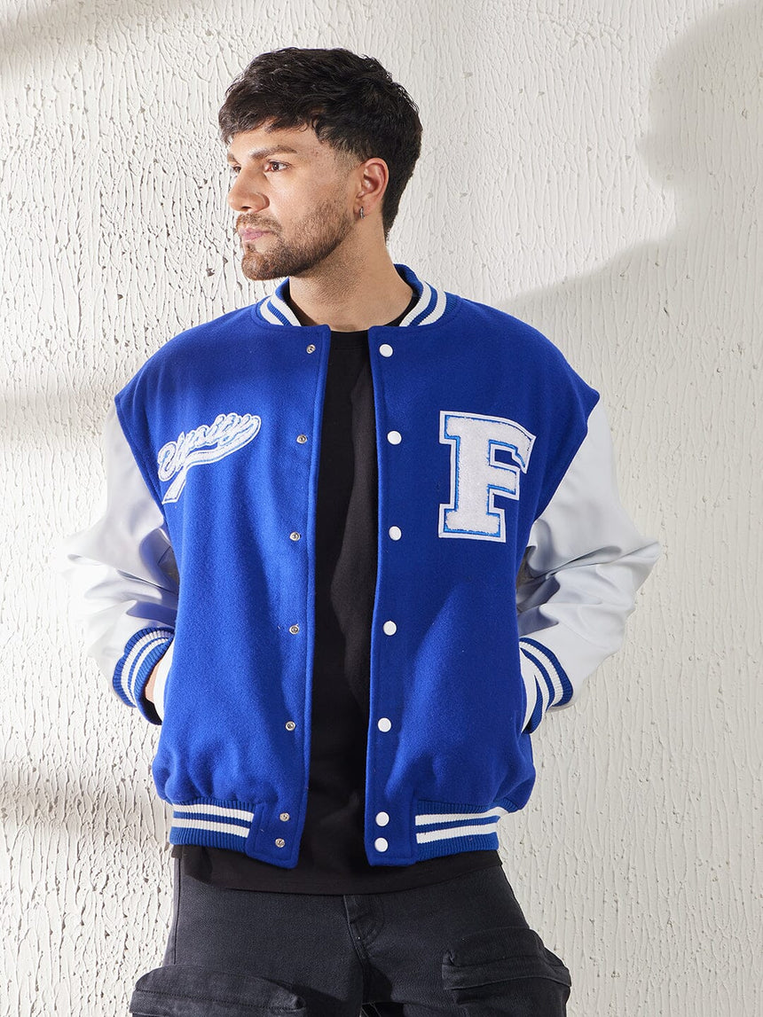 Royal Blue Fleece Faux Leather Sleeves Varsity Jacket, Buy Men Jacket