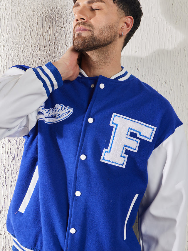 Royal Blue Fleece Faux Leather Sleeves Varsity Jacket Buy Men Jacket