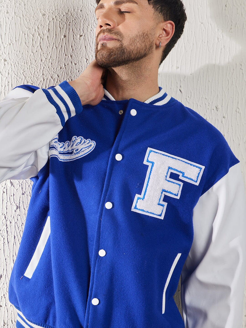 Royal Blue Woollen Faux Leather Sleeves Letterman Varsity Jacket Jackets Fugazee 