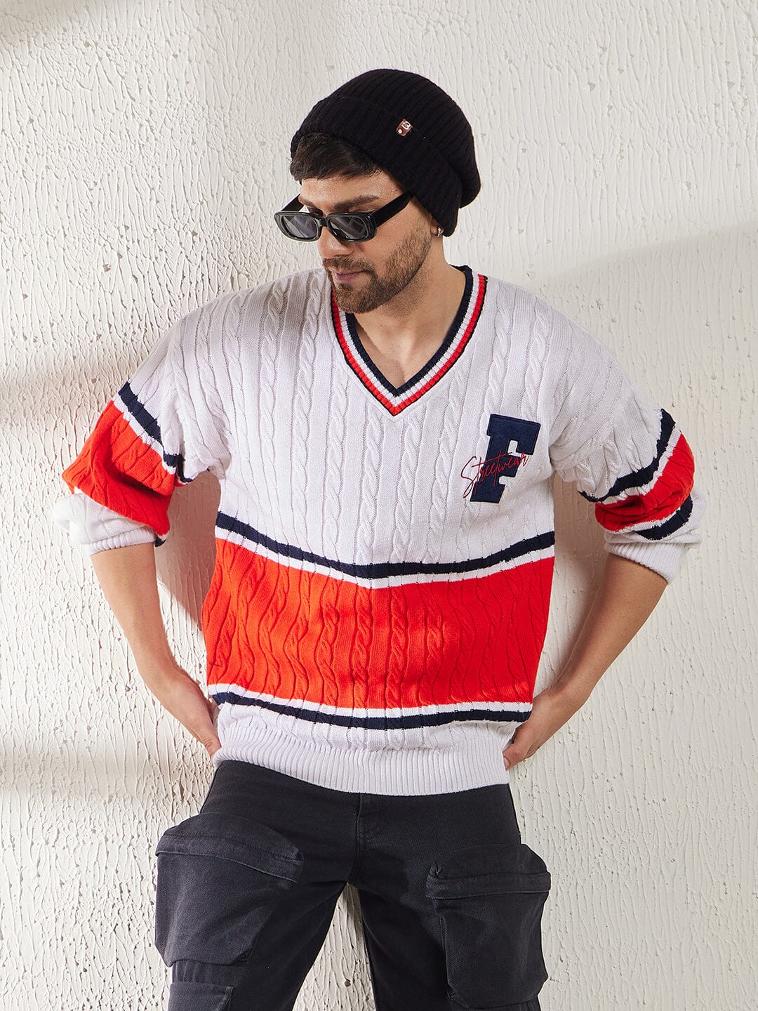White Red Cable Knit Monogram Sweater Buy Mens Sweaters Fugazee FUGAZEE