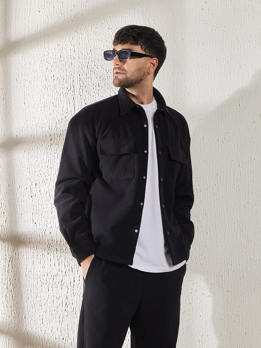 Black Polar Fleece Shacket Shackets Fugazee 