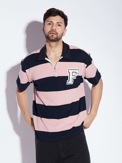Pink & Navy Striped Oversized Polo Neck Tshirt