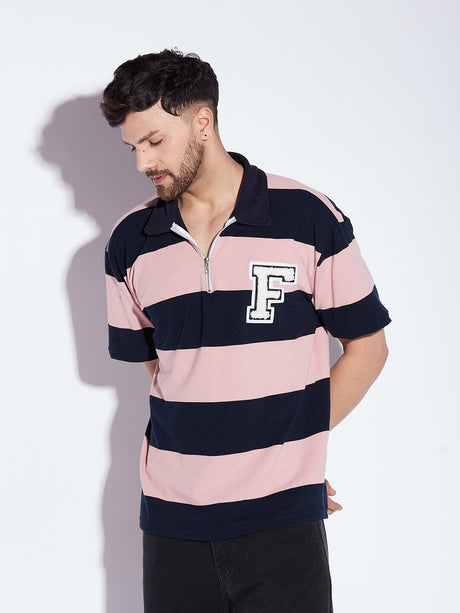 Pink & Navy Striped Oversized Polo Neck Tshirt