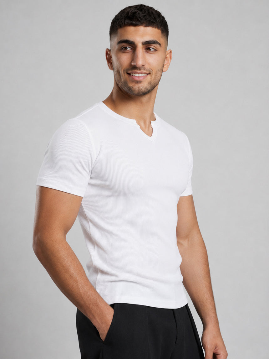 White Notch Neck Ribbed Tshirt