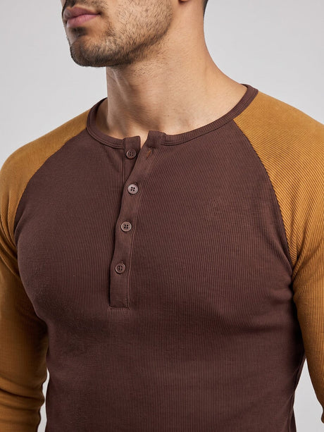 Brown & Tan Raglan Ribbed Henley Tshirt T-Shirts Fugazee 