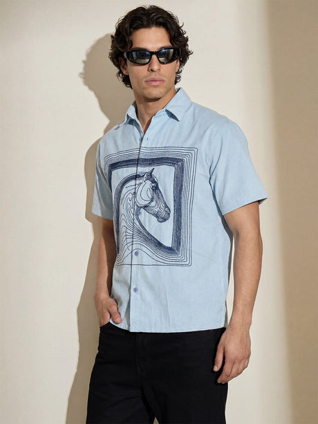 Sky Blue Horse Embroidery Shirt Shirts Fugazee 