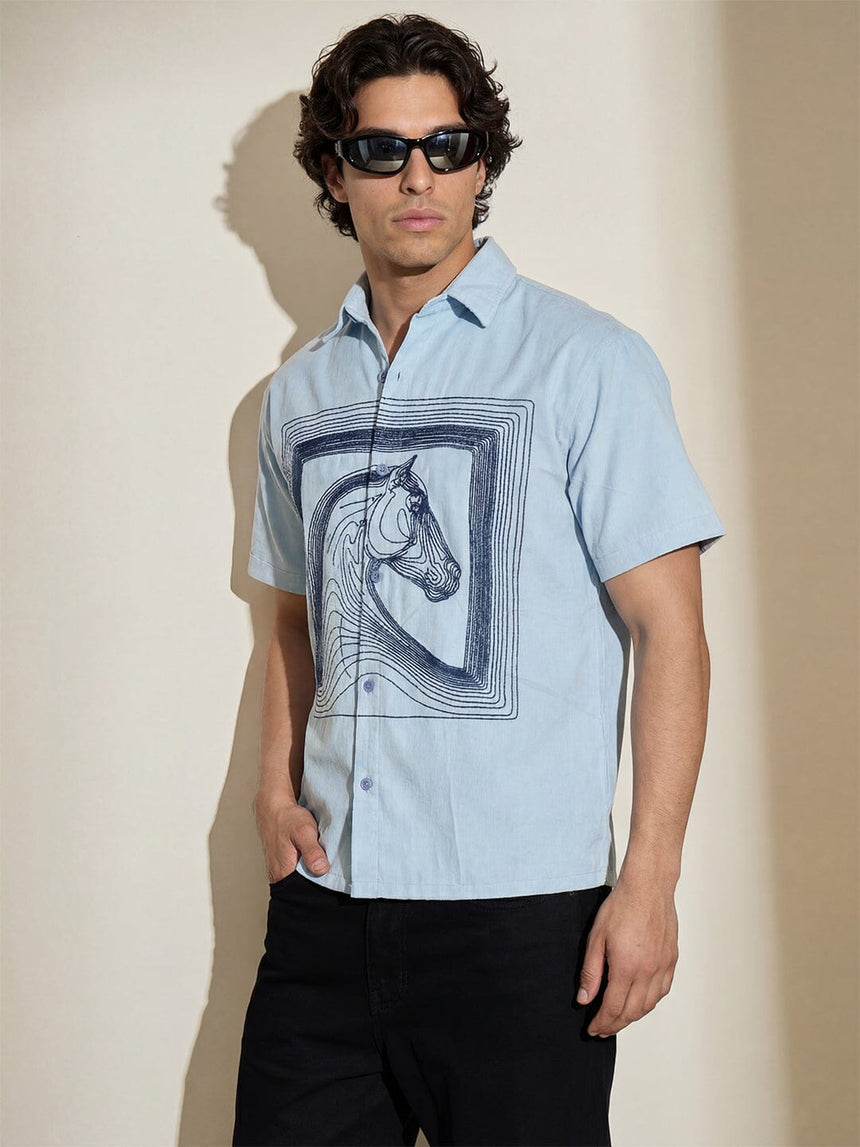 Sky Blue Horse Embroidery Shirt Shirts Fugazee 
