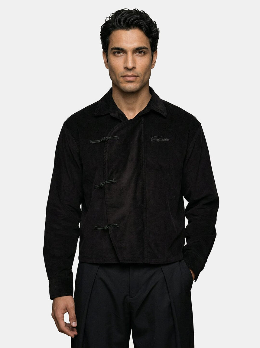 Black Corduroy Chinese Knot Buttoned Cropped Shirt Shirts Fugazee 