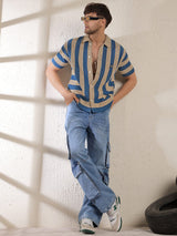 Beige & Blue Striped Crochet Knitted Shirt Shirts Fugazee 