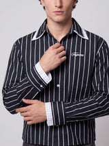 Navy Blue Striped Double Collared Cropped Shirt Shirts Fugazee 