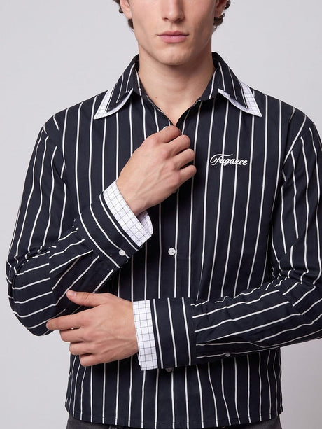 Navy Blue Striped Double Collared Cropped Shirt Shirts Fugazee 