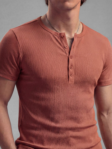 Rust Ribbed Henley Short Sleeves Tshirt T-Shirts Fugazee 