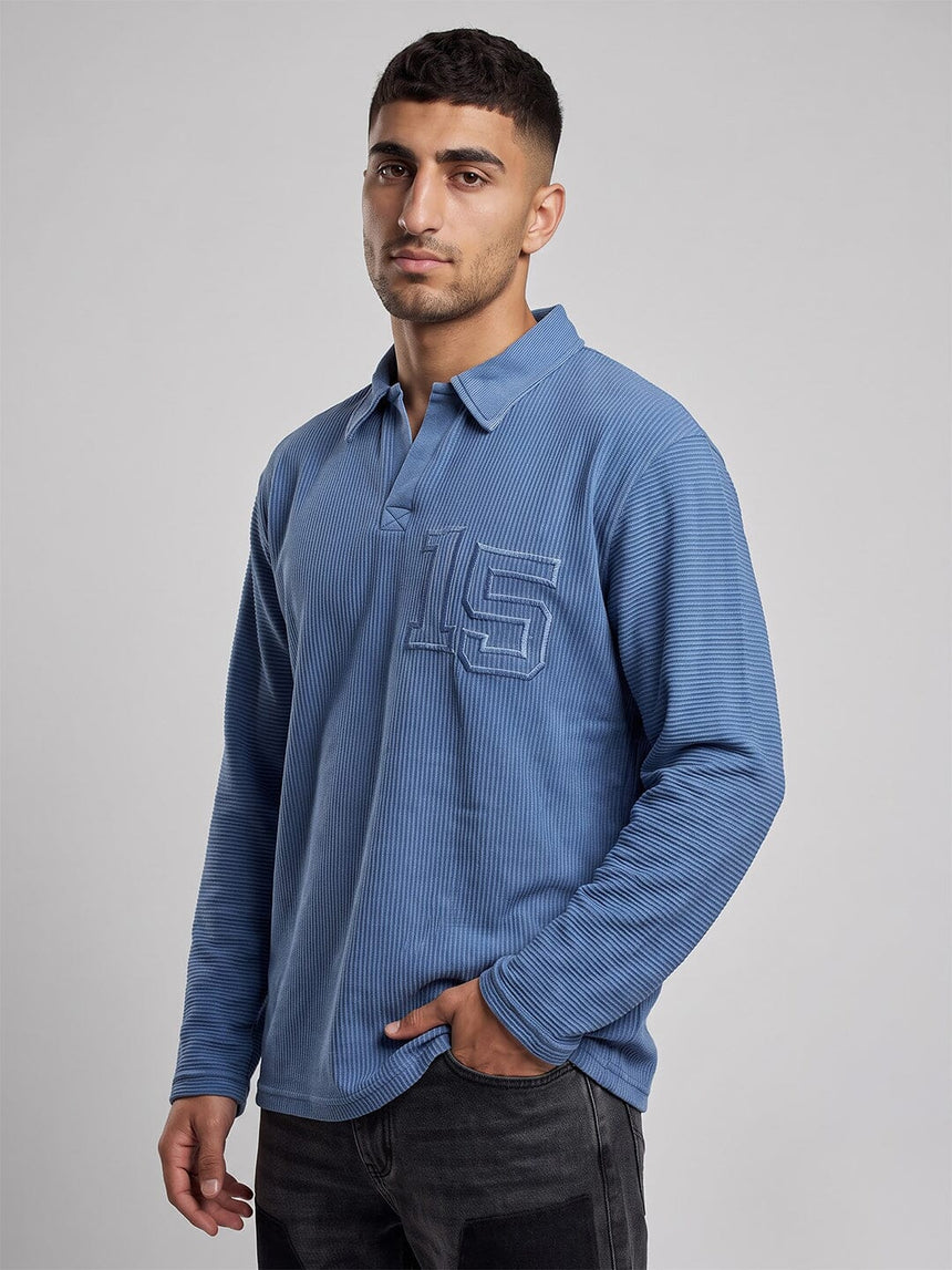 Blue Washed Textured Applique Longsleeve Polo Tshirt T-Shirts Fugazee 