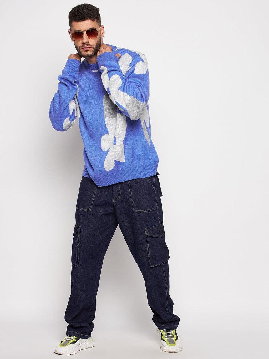 Sky Blue Floral Oversized Sweater Sweaters Fugazee 