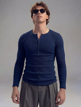 Navy Ribbed Henley Longsleeves Tshirt T-Shirts Fugazee 