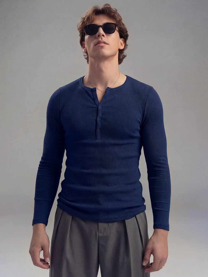 Navy Ribbed Henley Longsleeves Tshirt T-Shirts Fugazee 