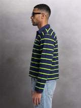 Navy Striped Cropped Longsleeve Polo Tshirt T-Shirts Fugazee 