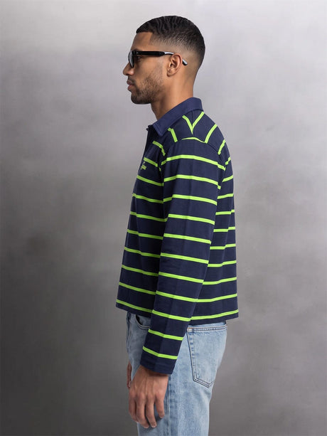 Navy Striped Cropped Longsleeve Polo Tshirt T-Shirts Fugazee 