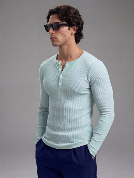 Pastel Mint Green Ribbed Henley Longsleeves Tshirt T-Shirts Fugazee 
