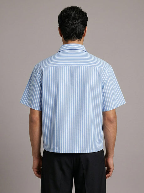 Marine Blue Striped Chinese Frog Buttoned Cropped Shirt Shirts Fugazee 