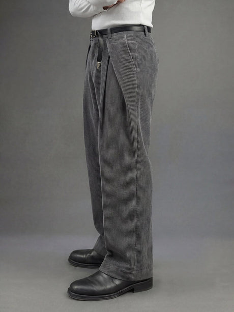 Ash Grey Corduroy Pleated Trousers Trousers Fugazee 