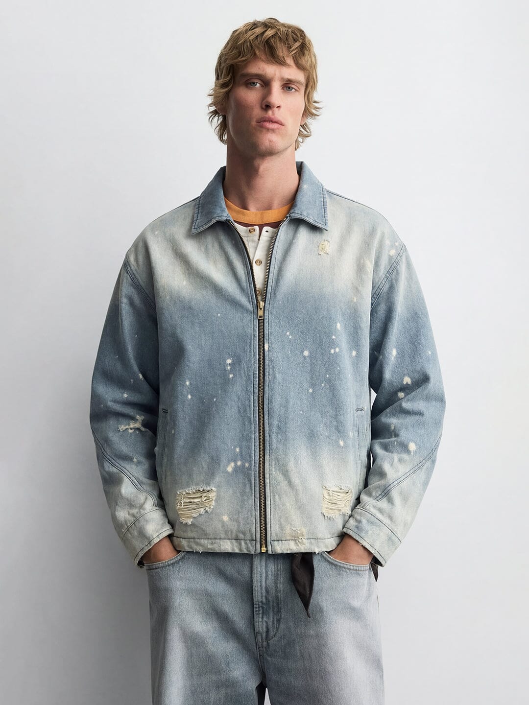 Grey Denim Embroidered Harrington Jacket | Buy Men Jacket