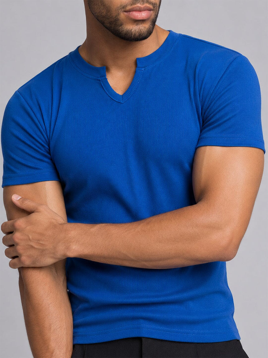 Royal Blue Notch Neck Ribbed Tshirt T-Shirts Fugazee 