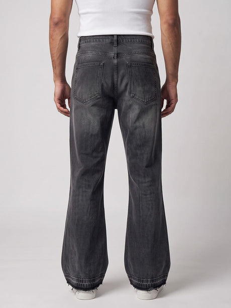 Black Washed Flared Raw Edge Denim Jeans Fugazee 