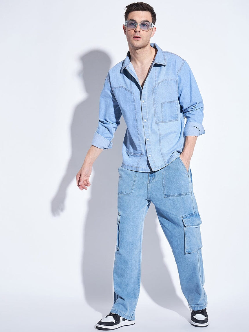 Ice Washed Denim Carpenter Shirt and Jeans Combo Clothing Set Clothing Set Fugazee 