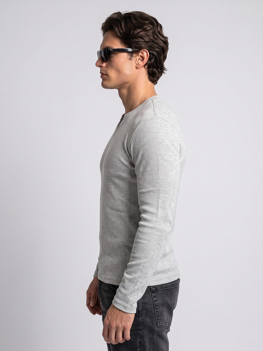 Grey Melange Notch Neck Ribbed Longsleeve Tshirt T-Shirts Fugazee 