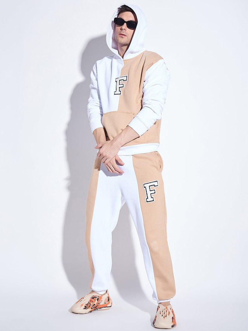 White & Biege Cut Sew Matching Tracksuit