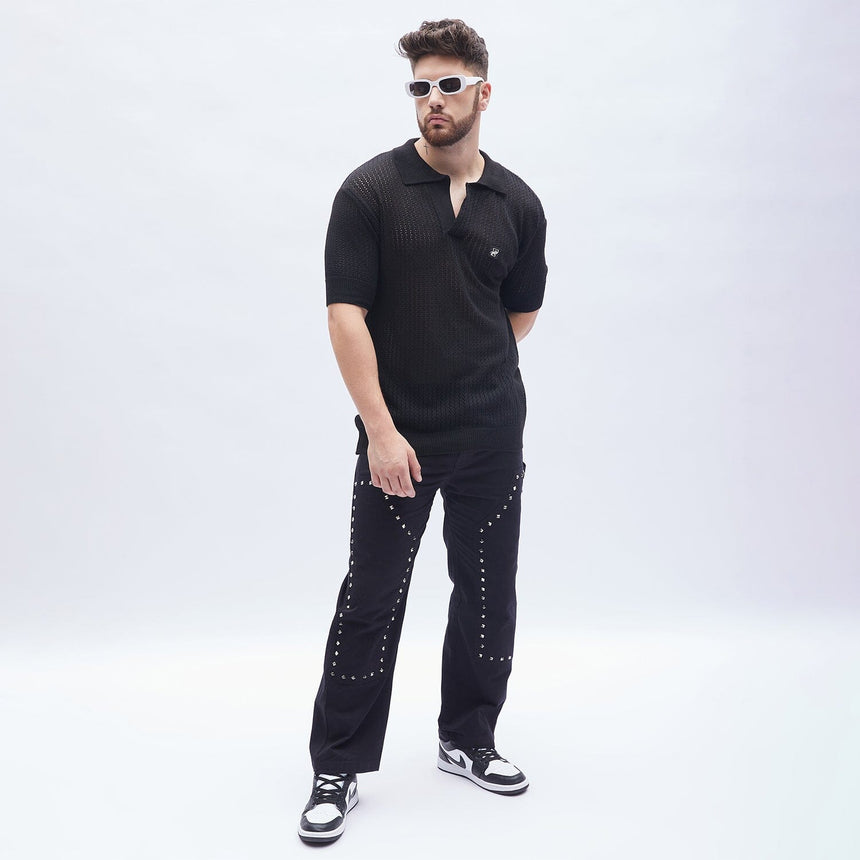 Black Textured Knit Polo Tshirt