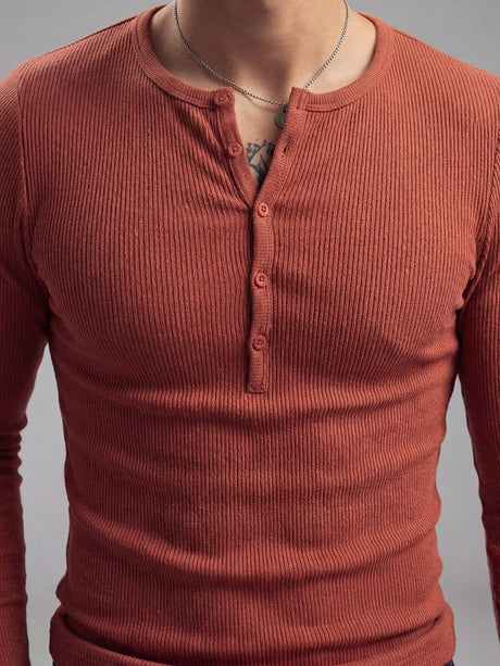 Rust Ribbed Henley Longsleeves Tshirt T-Shirts Fugazee 