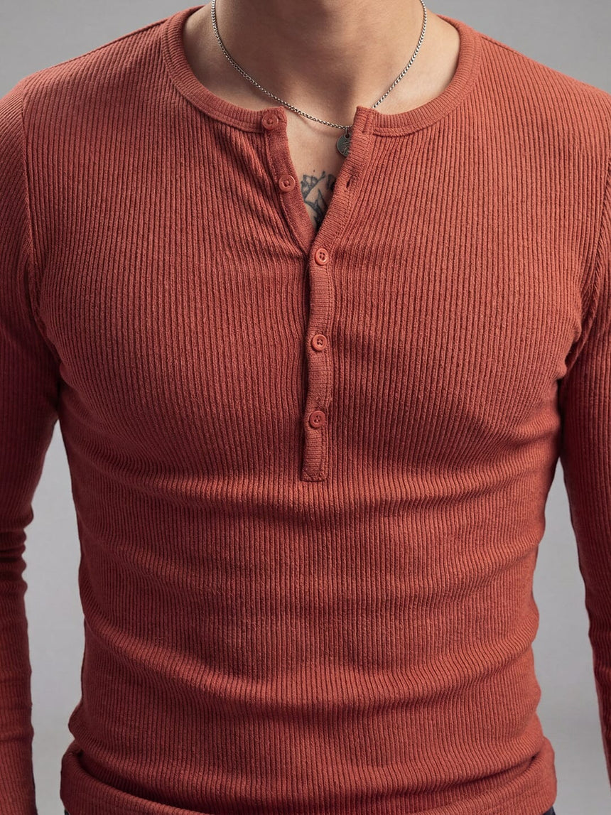 Rust Ribbed Henley Longsleeves Tshirt T-Shirts Fugazee 