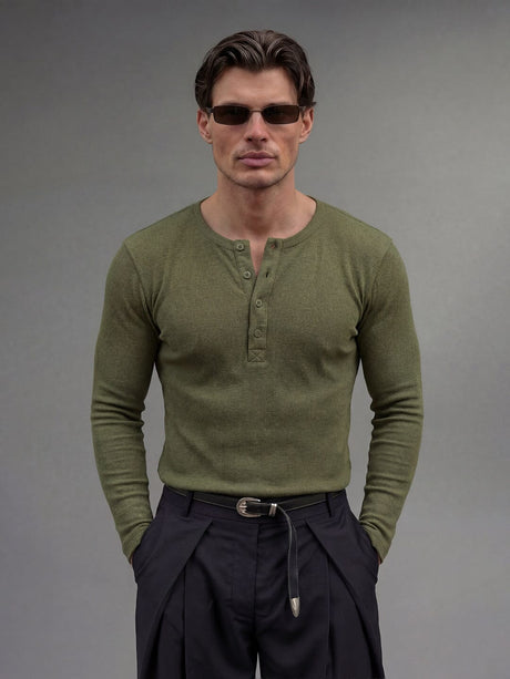 Olive Ribbed Henley Longsleeves Tshirt T-Shirts Fugazee 