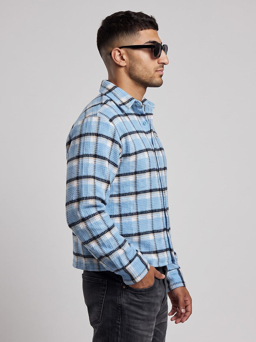 Sky Checkered Brushed Waffle Cropped Shirt Shirts Fugazee 