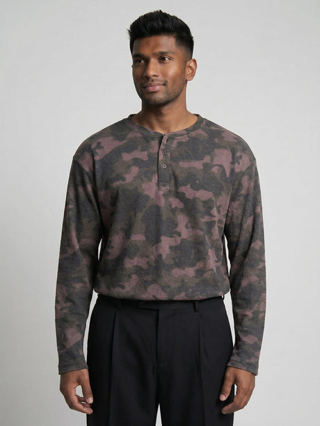 Brown Camo Waffle Relaxed Fit Henley Tshirt T-Shirts Fugazee 