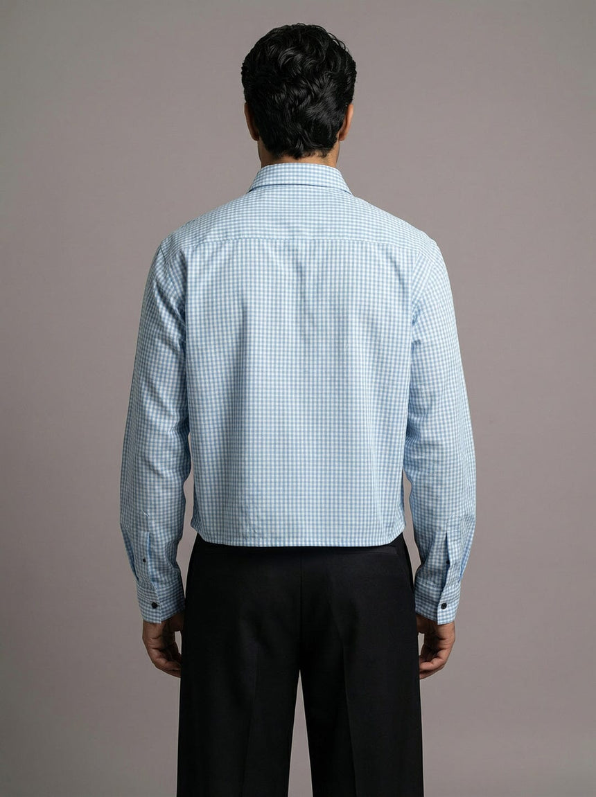 Sky Checkered Chinese Knot Buttoned Cropped Shirt Shirts Fugazee 